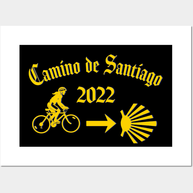 Camino de Santiago 2022 Woman Riding a  Bicycle Yellow Scallop Wall Art by Brasilia Catholic